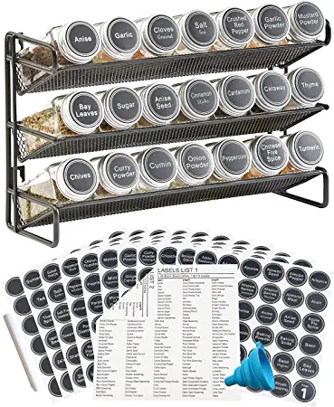 Photo 1 of 3 Tier Spice Rack Organizer with 21 Empty Spice Jars, 386 Spice Labels, Chalk Marker and Funnel Set for Countertop Cabinet Pantry or Wall Door Mount - Black
