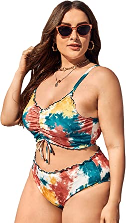 Photo 1 of Floerns Women's Plus Size Tie Dye Rib Knit Ruched Drawstring Bikini Swimsuit 0XL
