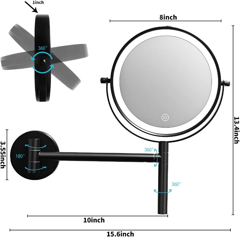 Photo 1 of 8 inches Wall Mounted LED Makeup Mirror Black, The Mirror swivels in All Directions, Mirror for Bathroom
