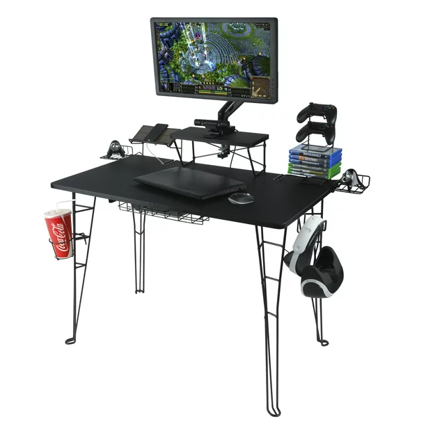 Photo 1 of Atlantic Original Gaming Desk with 32" Monitor Stand, Charging Station and Gaming Storage, Black Carbon Fiber
