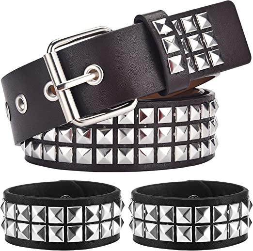 Photo 1 of AOKDEER Studded Belts for Women, 2 Pieces Leather Bracelet, Pu Leather Rivet Waist Belt, Punk Rock Goth Pyramid Belt for Men
