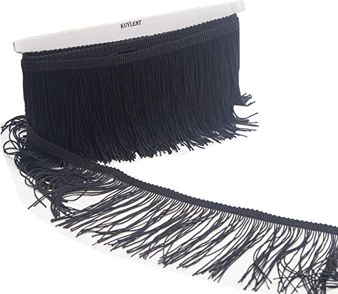 Photo 1 of 6.5 Yard 4 Inches Polyester Fringe Trim Lace Chainette Tassel Fringe Trimming for Latin Dress Stage Clothes Lamp Shade Decoration DIY (Black)
