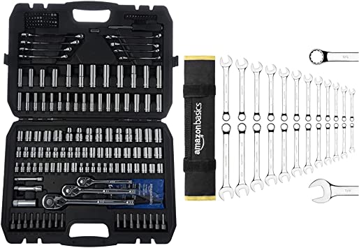 Photo 1 of Amazon Basics Mechanic Tool Kit and Socket Set With Case - Set of 201 & Combination Wrench Set - Metric and SAE, 24-Piece
