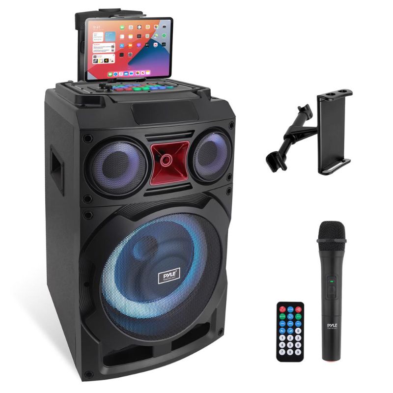 Photo 1 of Portable Bluetooth PA Speaker System - 800W 10” Rechargeable Speaker, TWS, Party Light, LED Display, FM/AUX/MP3/USB/SD, Wheels - Wireless Mic, Remote Control, Tablet Holder Included - Pyle PHP210DJT
