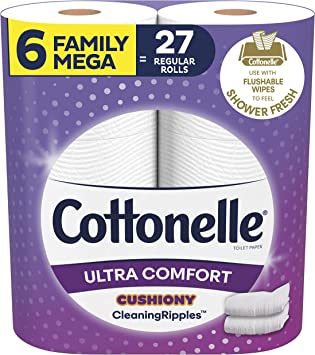 Photo 1 of 2 PACKS!!! Cottonelle Ultra Comfort Toilet Paper with Cushiony CleaningRipples Texture, Strong Bath Tissue, 6 Family Mega Rolls (6 Family Mega Rolls = 27 regular rolls), 325 Sheets per Roll
