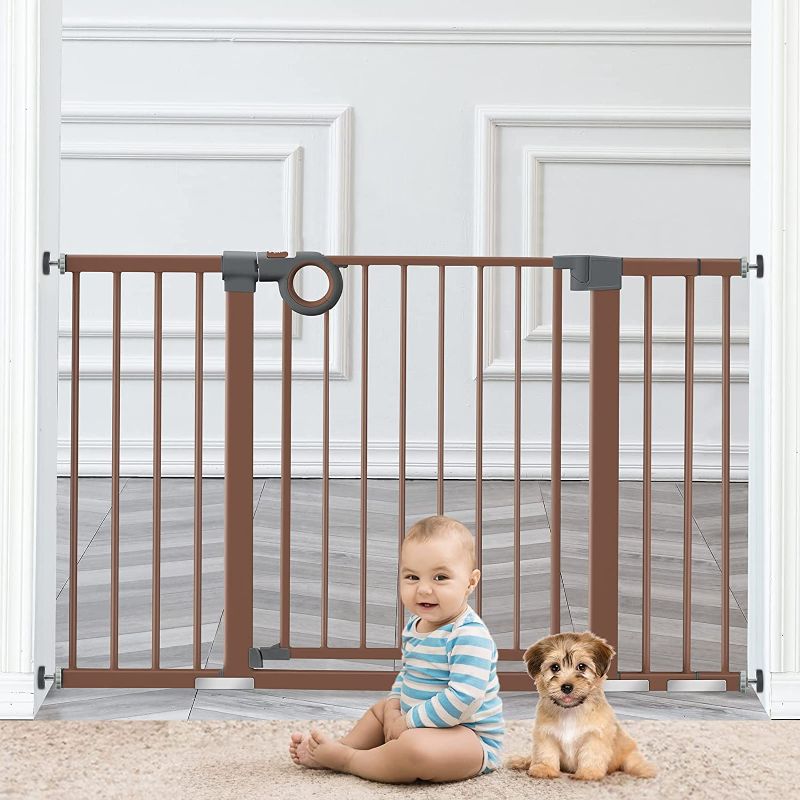 Photo 1 of Baby Gate for Stairs, Yacul 29.3"-51.5" Extra Wide Child Safety Gates with Door, Walk Thru Dog Gate for House, Wide Walk Thru Openings 23.6”, Tall 30”, Pressure or Hardware Mounted, Metal Steel, Brown
