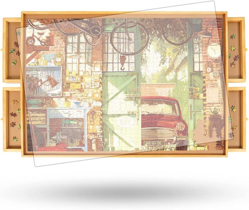 Photo 1 of ALL4JIG 1500PCS Rotating Jigsaw Puzzle Board with 4 Drawers & Cover, Lazy Susan Spinning Jigsaw Puzzle Table for Adults, 35'' X 26" Puzzle Spinner, Jigsaw Puzzle Table Top Portable
