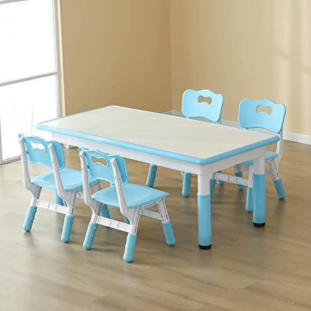 Photo 1 of CuFun Kids Table and 4 Chairs Set, Children Study Table and Dining Table, Toddler Daycare Table and Chairs Set, Height Adjustable Graffiti Table for Ages 2-10, Light Blue
