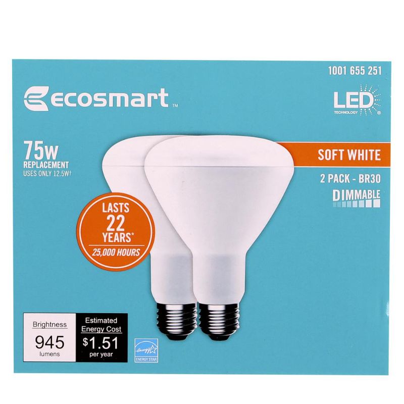 Photo 1 of EcoSmart 75-Watt Equivalent BR30 Dimmable Energy Star LED Light Bulb Soft White (2-Pack)