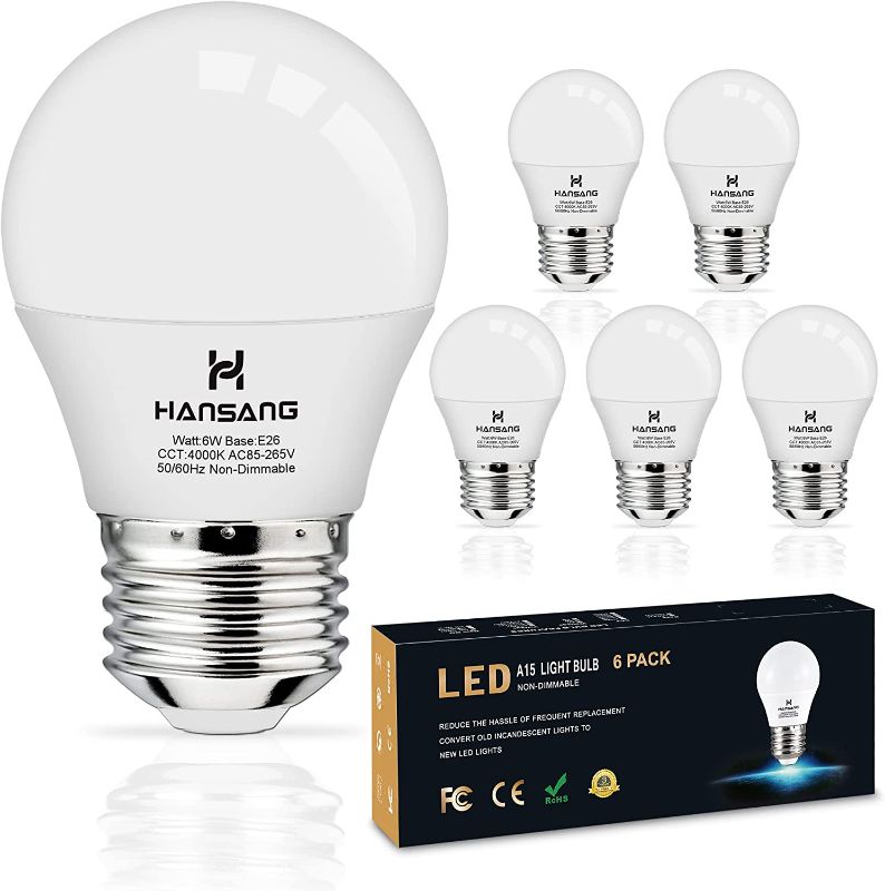 Photo 1 of E26 LED Bulb for Ceiling Fan, Hansang A15 Small Light Bulb 4000K Natural Daylight 60 Watts Equivalent Standard Screw Base Appliance Refrigerator Light Bulb, Non-Dimmable 6 Pack
