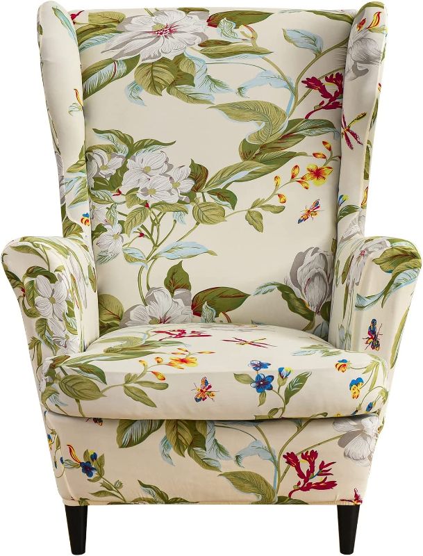 Photo 1 of 2 Piece Wingback Chair Slipcover,Stretch Printed Wing Chair Cover Armchair Slipcover Washable Sofa Protector with Elastic Bottom for Living Room Bedroom Wingbacked Chair,Floral Beige