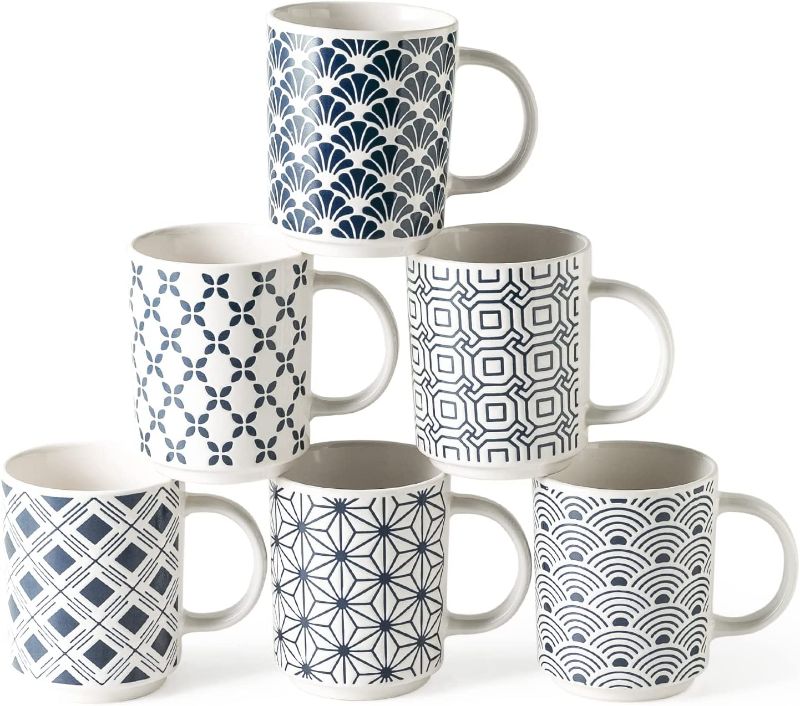 Photo 1 of AmorArc 18 OZ Large Coffee Mugs Set of 6, Ceramic Coffee Cups with Handcrafted Textured Patterns for Hot Cocoa,Tea, Dishwasher & Microwave Safe - Blue and White
