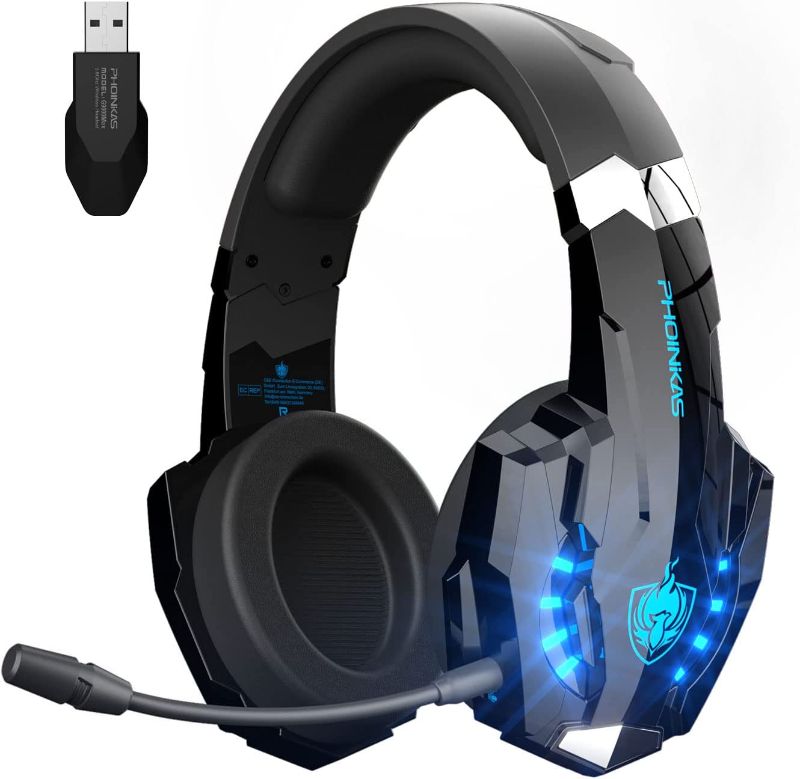 Photo 1 of Wireless Gaming Headset for PS4 PS5 PC Switch, PHOINIKAS G9000 Max 5.8G Over Ear Headphones with Noise Cancelling Detachable Mic, 7.1 Stereo Sound, 3.5mm Wired for Xbox One/Phone/Laptop/Tablet (Blue)
