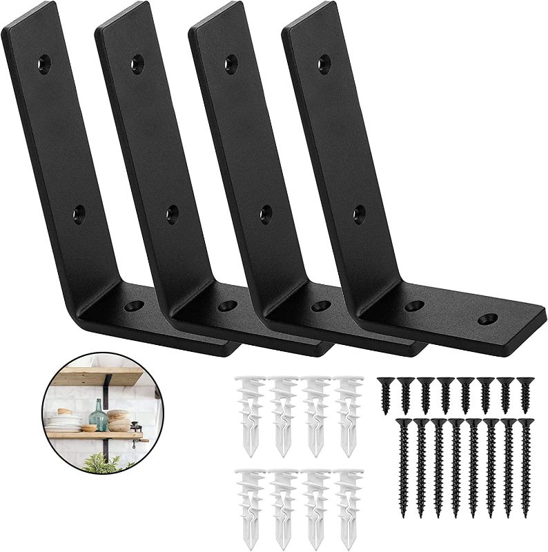 Photo 1 of 4 Pack Heavy Duty L Shelf Bracket - L 6" x H 4" x W 1.5", 1/4" Thick, Metal Rustic Black Floating Shelf Brackets Includes Hardware (4, 6" x 4")
