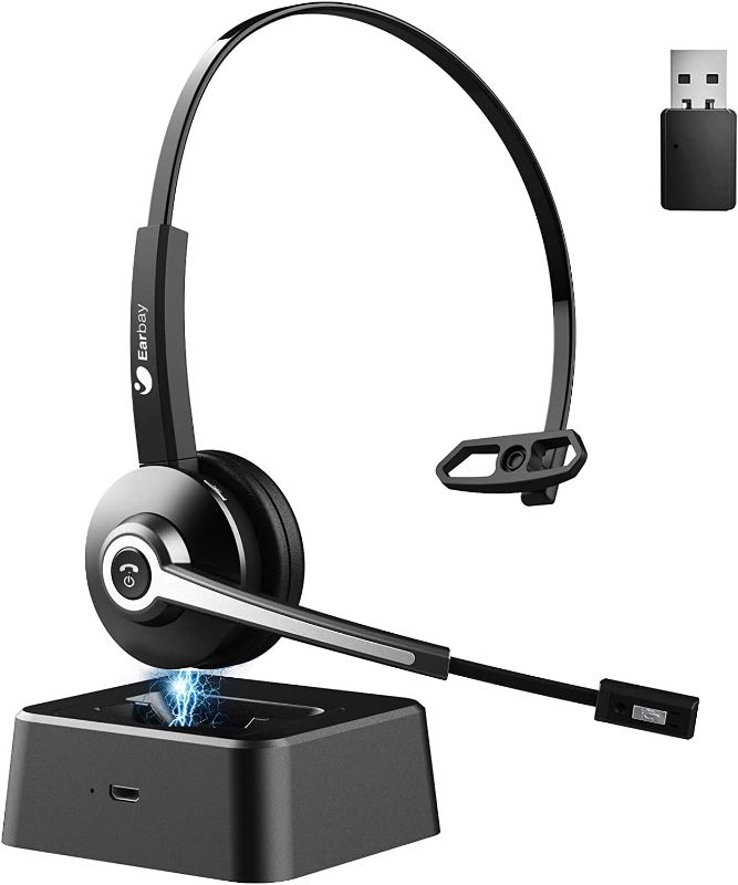 Photo 1 of Trucker Bluetooth Headset, Wireless Headset with Microphone Noise Canceling & USB Dongle, Bluetooth Headphones with Mic Mute & Charging Base for PC Computer/Phones/Office/Zoom/Skype/Meeting
