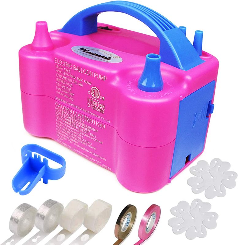 Photo 1 of Balloon Pump, Electric Balloon Pump,Portable Dual Nozzles Electric Balloon Air Pump 110V 600W , Electric Balloon Inflator with Tying Tool, Flower Clips, Tape Strips, Dot Glues for Party Decoration
