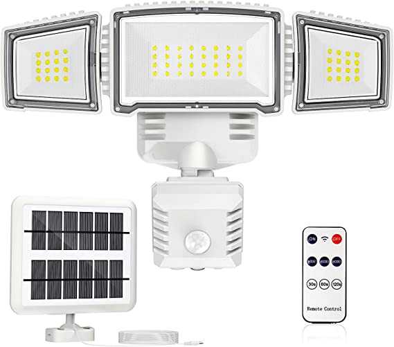 Photo 1 of Becament 3000LM Solar Security Lights with 3 Motion Sensor Modes, Wireless Remote Control, Solar Motion Lights Outdoor with 3 Heads, Ip65 Waterproof LED Flood Light for Garage, Porch, White