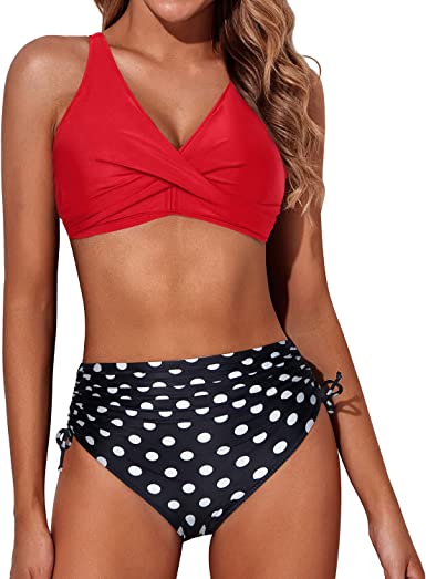 Photo 1 of Aqua Eve Women High Waisted Bikini Twist Front Swimsuits Lace up Bikini Tops Ruched Push up 2 Piece Bathing Suits, XL