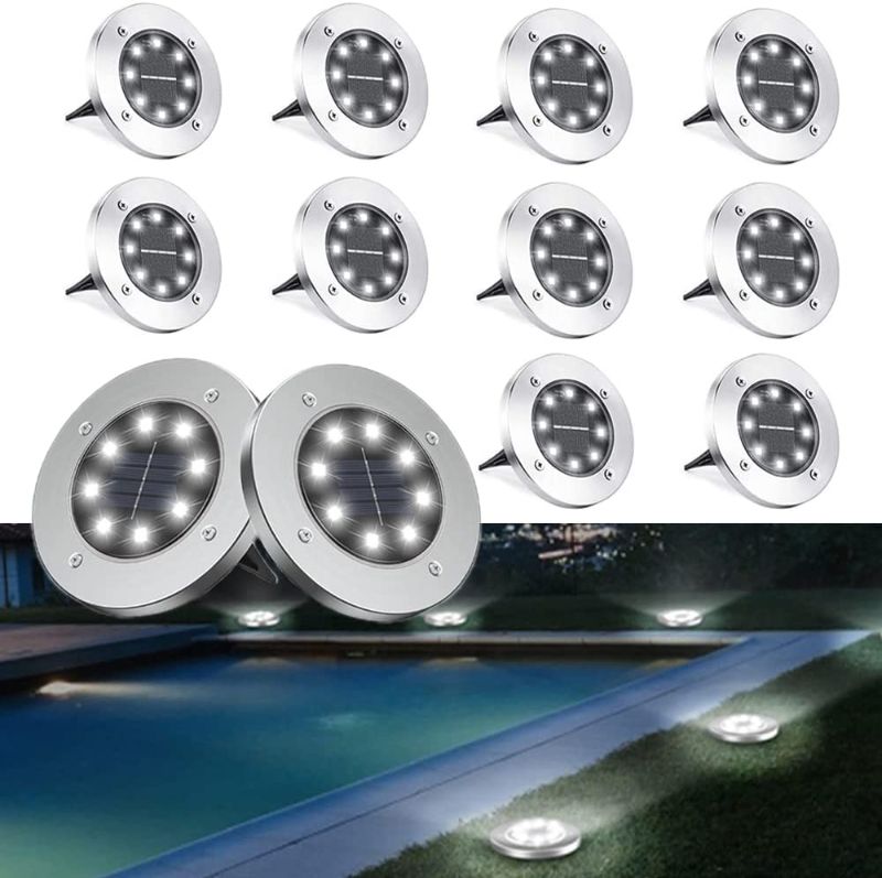 Photo 1 of 12 Pack Solar Ground Lights, 8 LED Solar Pathway Lights, Waterproof Outdoor Decorative Landscape Lights for Garden, Patio, Yard, Walkway (White Solar Ground Lights)