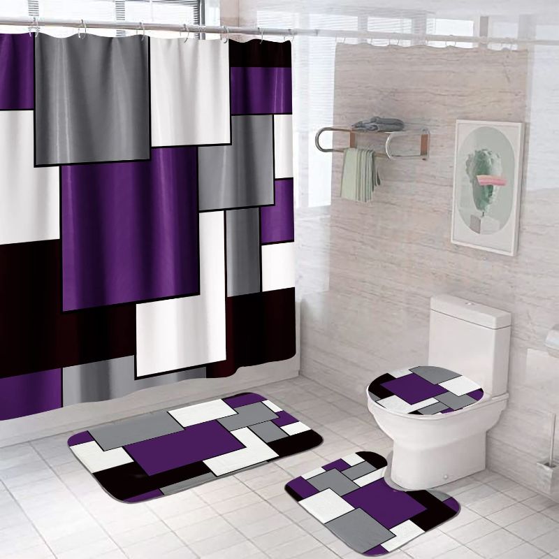 Photo 1 of 4 Pcs Geometric Purple and Gray Shower Curtain Set, Modern Bathroom Sets with Rugs and Accessories, Waterproof Fabric Cloth Bath Curtain with 12 Hooks, Bathroom Accessories, 72'' X 72''