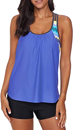 Photo 1 of Aleumdr Womens Blouson Striped Printed Strappy T-Back Push up Tankini Top with Shorts, M