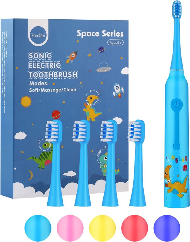 Photo 1 of 7AM2M Kids Electric Toothbrushes with 4 Brush Heads, 3 Modes with Memory, IPX7 Waterproof, 2 Minutes Build-in Smart Timer, Kids Toothbrushes Suitable Age 3+ (Blue)