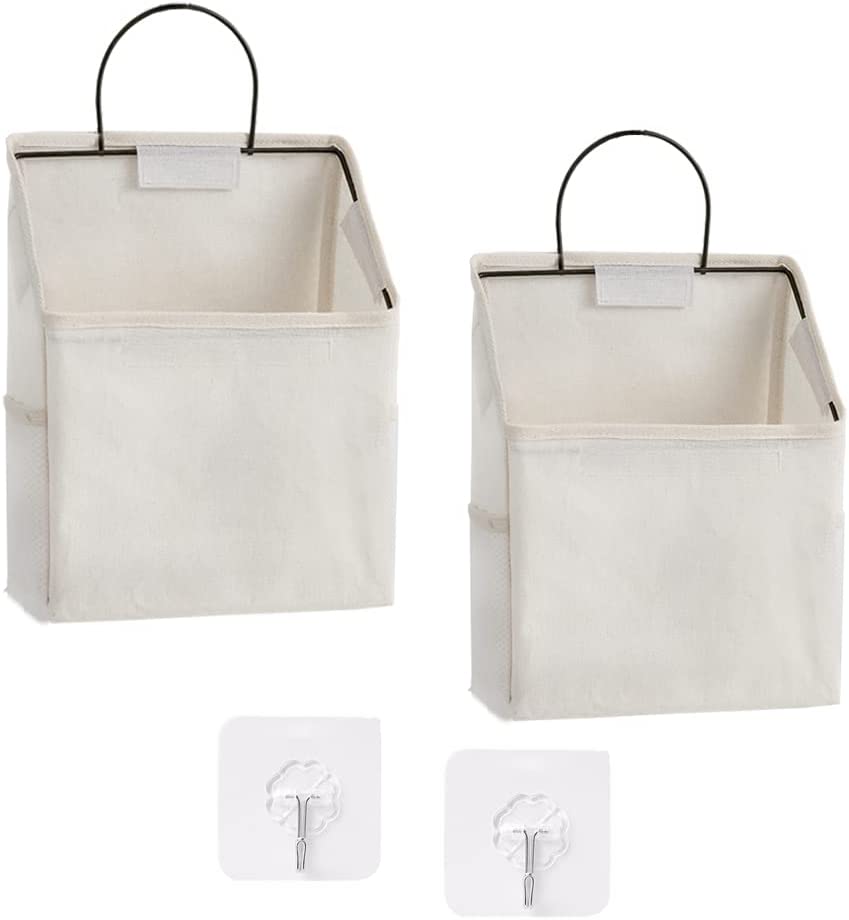 Photo 1 of 2 Pack Wall Hanging Storage Bag with Sticky Hook,Closet Hanging Storage for Pocket,Bathroom Dormitory Organizer Bag,Linen Cotton Organizer Box Containers for Bedroom(White)