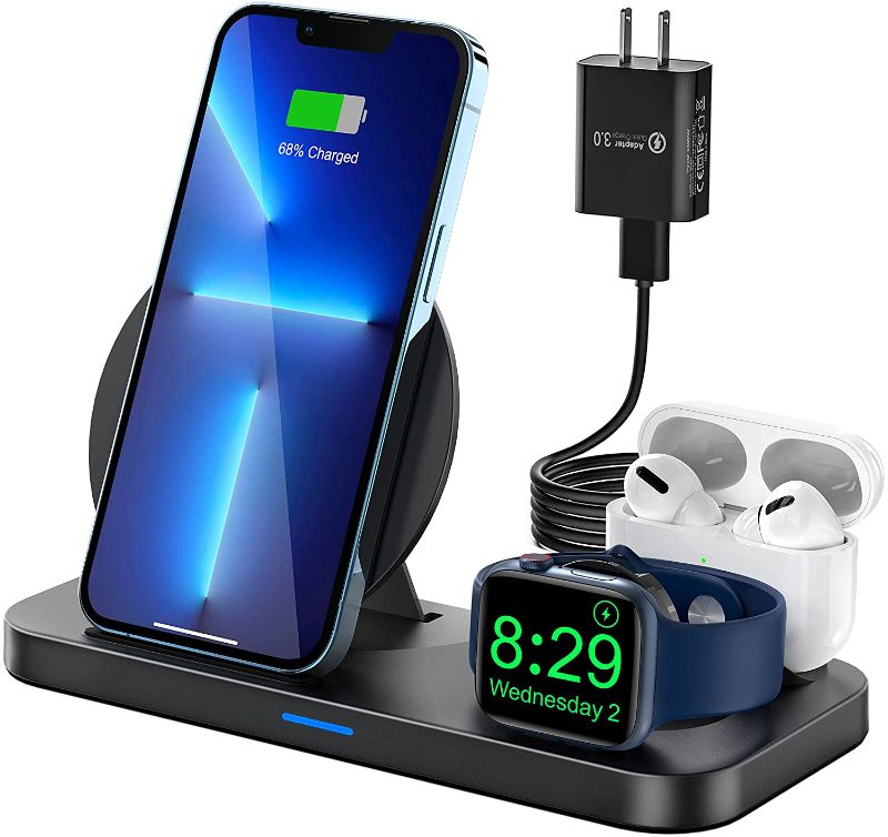 Photo 1 of [2022 New] 3 in 1 Wireless Charging Station for Apple Multiple Devices, Foldable Charger Stand for iWatch Series 7/6/SE/5/4/3/2, Charging Dock Stand for iPhone AirPods Pro 3/2/1 with 18W Fast Charger