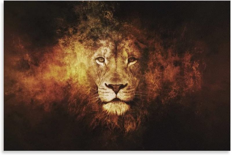 Photo 1 of Animal Poster Lion Head Portrait Orange Flame Canvas Painting Wall Art Posters and Prints Office Living Room Bedroom Home Decoration