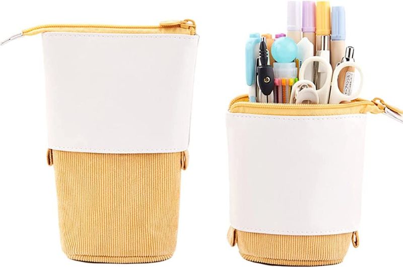 Photo 1 of OXDJDSS Pen Holder Cute Pencil Case Telescopic Pencil Case Storage Box, Washable Corduroy Canvas PU Leather Zipper Standing Pen Case for Girls Women Students Office Gift (Yellow)