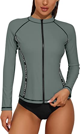 Photo 1 of ATTRACO Rash Guard for Women Long Sleeve Swimsuits Zipper Front Printed Swim Shirt Uv Protection UPF 50, S