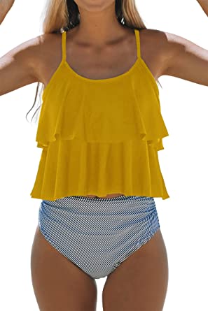 Photo 1 of Beachsissi Tankini Bathing Suit Stripe Print High Waisted Tummy Control 2 Piece Swimsuit, M