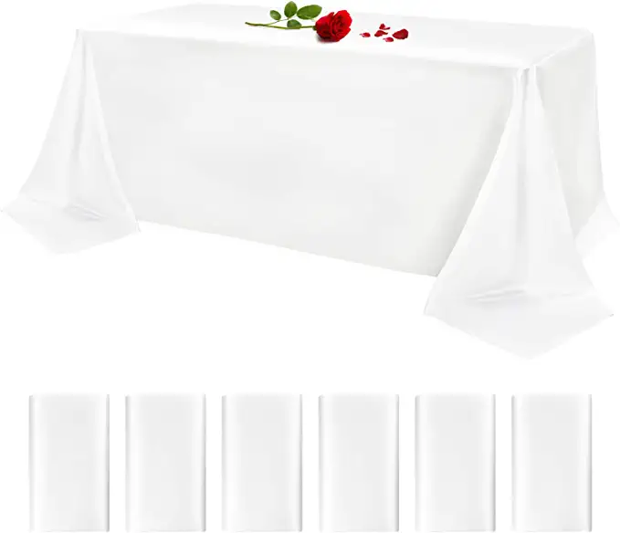 Photo 1 of 6 Pack White Satin Tablecloth Rectangle Silky Satin Table Cover Linens for Buffet Table Parties Holiday Dinner Wedding Banquet Decoration (57'' x 108'')
