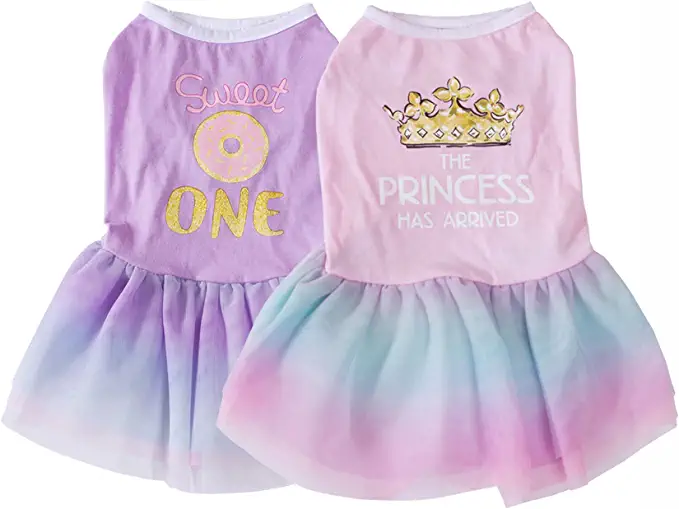 Photo 1 of 2 Pcs Girl Dog Dress Shirt Dog Princess Dress with Ruffles Chihuahua Dress Holiday Theme Pet Clothes with Tulle XS Yorkie Clothes Apparel Outfits for Small Girl Dogs Sundress Puppy Cats Dress
