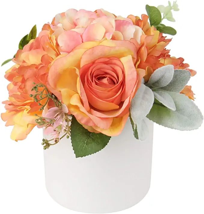 Photo 1 of Artificial Flowers with Pot, Potted Fake Flowers for Decoration Artificial Flower Arrangements in Vase Pot for Home Farmhouse Office Table Centerpieces Shelf Decor Orange Artificial Flower in Vase
