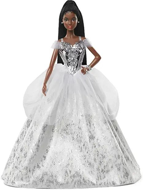 Photo 1 of Barbie Signature 2021 Holiday Barbie Doll (12-inch, Brunette Braided Hair) in Silver Gown, with Doll Stand and Certificate of Authenticity, Gift for 6 Year Olds and Up
