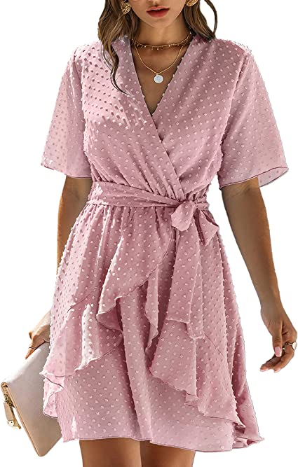 Photo 1 of [Size M] BTFBM Women Fashion Faux Wrap Swiss Dot V-Neck Short Sleeve High Waist A-Line Ruffle Hem Plain Belt Short Dress [Pink]