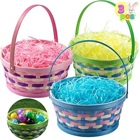 Photo 1 of JOYIN 3 Pcs Easter Woven Bamboo Basket with Tricolor Grass Paper Shred, Easter Eggs Wiker Basket with Handle for Picnic, Party Favors, Decorations
