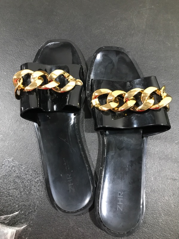 Photo 2 of Black Sandals for Women Chain Decor Flat Sandals Summer Square Toe Slides Beach Shoes SIZE 9