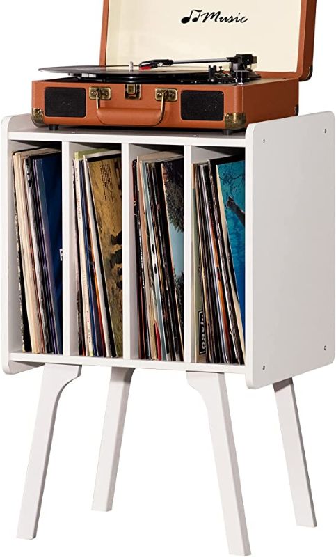 Photo 1 of LELELINKY Record Player Stand,Vinyl Record Storage Table with 4 Cabinet Up to 100 Albums,Mid-Century Modern Turntable Stand with Wood Legs,White Vinyl Holder Display Shelf for Bedroom Living Room
