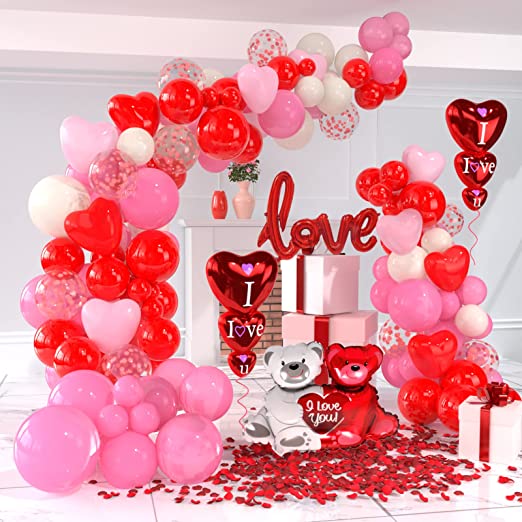 Photo 1 of 109 Pcs Valentines Day Balloons Decorations, Valentines Day Decor, 1000pcs Red Rose Petals, LOVE Balloon, Bear Balloon, Red White Pink Balloon Garland Arch Kit for Romantic Decorations Special Night, Anniversary, Engagement Party Decorations
