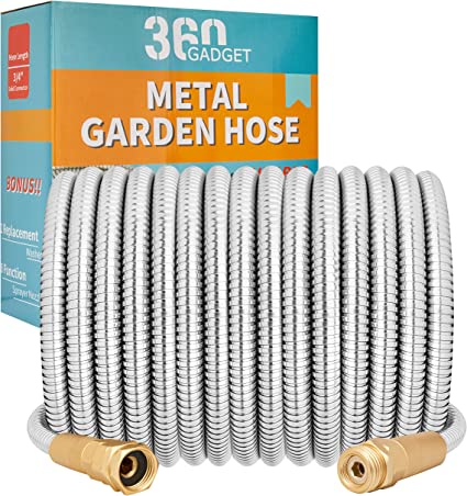 Photo 1 of 360Gadget Metal Garden Hose - 100ft Heavy Duty Stainless Steel Water Hose with 8 Function Sprayer & Metal Fittings, Flexible, Lightweight, No Kink, Puncture Proof Hose for Yard, Outdoors, Rv

