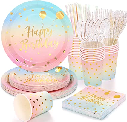 Photo 1 of 200 Pcs Pastel Party Supplies Birthday Party Plates and Napkins Sets,disposable dinnerware set-Rainbow Paper Plate Napkin Cup and Straws,forks,Knives,spoons for Birthday Baby Shower Party Decorations
