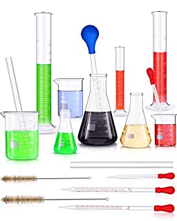 Photo 1 of 18 Pieces Lab Glassware Set Beaker Flask Cylinder Set Includes 3 Glass Beakers 3 Erlenmeyer Flasks 3 Graduated Measuring Cylinders with Droppers Brushes and Glass Stirring Rod for Lab Experiment (B09JBNGHMY)

