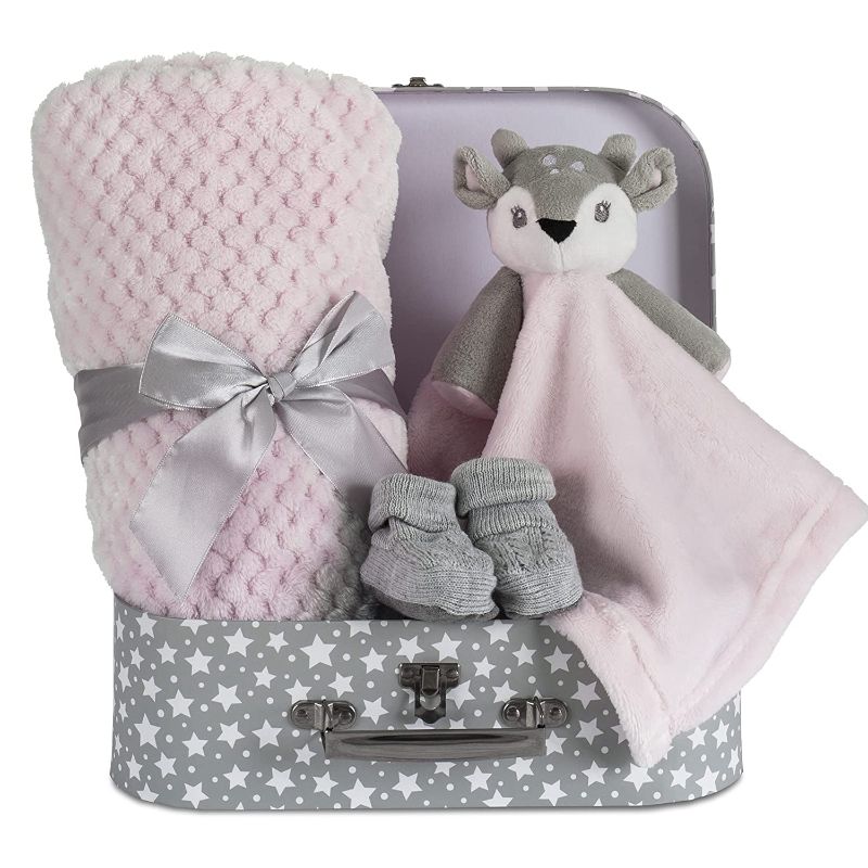 Photo 1 of Baby Gift Set Baby Blanket New Born Baby Gift Baby Deer Fawn Security Blanket Soft Fleece, Suitcase Keepsake Box Knit Booties & Baby Gift Basket – Baby Girl Gifts for Baby Shower & Newborn Baby Lovey
