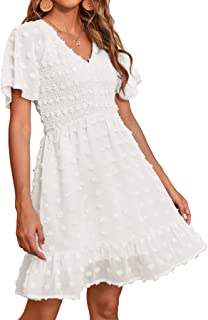 Photo 1 of BTFBM Women's V Neck Smocked Short Sleeve Casual Dress Swiss Dot Swing Flowy Ruffle Hem Mini Beach Summer Dresses SIZE  L 