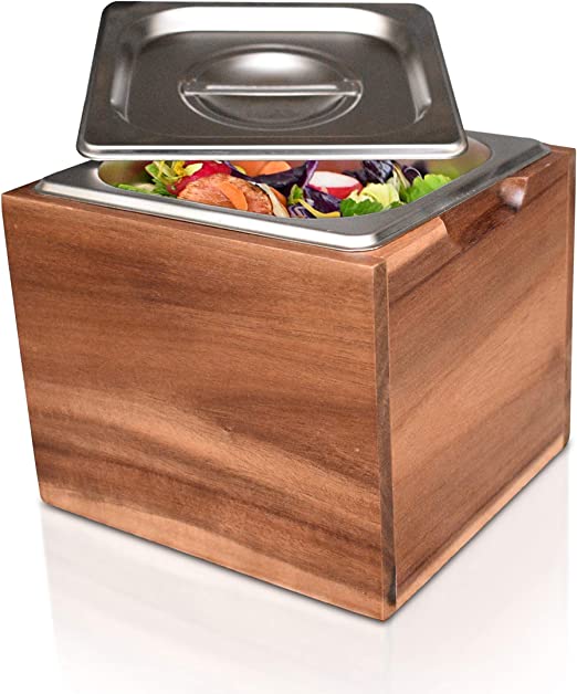 Photo 1 of BelleMark Kitchen Compost Bin- Rust Proof Stainless Steel Insert, Countertop Compost Bin with Lid and Acacia Wood Box- Small Compost Bin Kitchen
