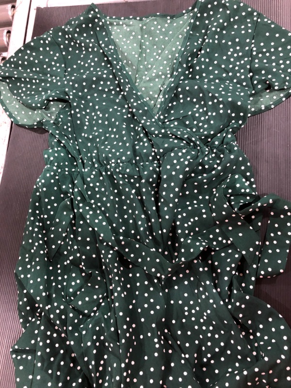 Photo 2 of [Size 2XL] Floerns Women's Plus Size Polka Dots Wrap V Neck Short Sleeve A Line Midi Dress [Green] 