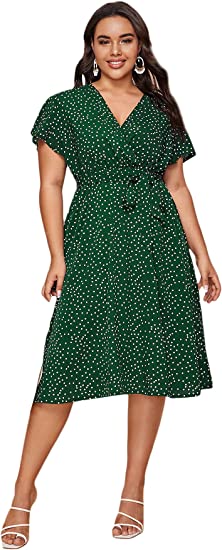 Photo 1 of [Size 2XL] Floerns Women's Plus Size Polka Dots Wrap V Neck Short Sleeve A Line Midi Dress [Green] 