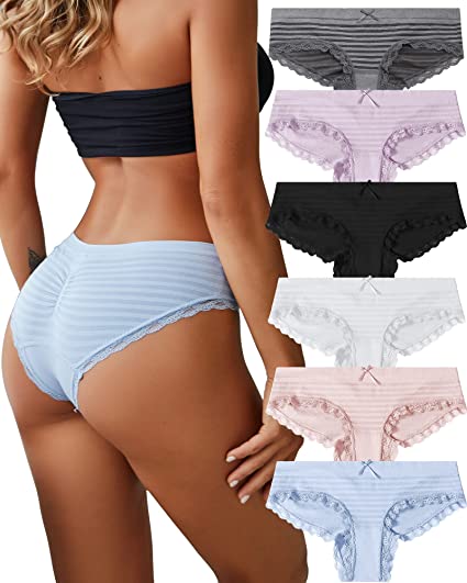 Photo 1 of [Size XXL] Cheeky Underwear for Women Sexy Bikini Panties Lace Stretch Seamless Low Rise Hipster Panty Breathable Soft Stripe 6 Pack